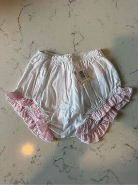 White Baby Bloomer Diaper Cover with Pink Ruffle Trim